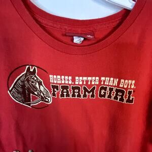 Farm Girl Red tee shirt LARGE Horses better than boys short sleeve